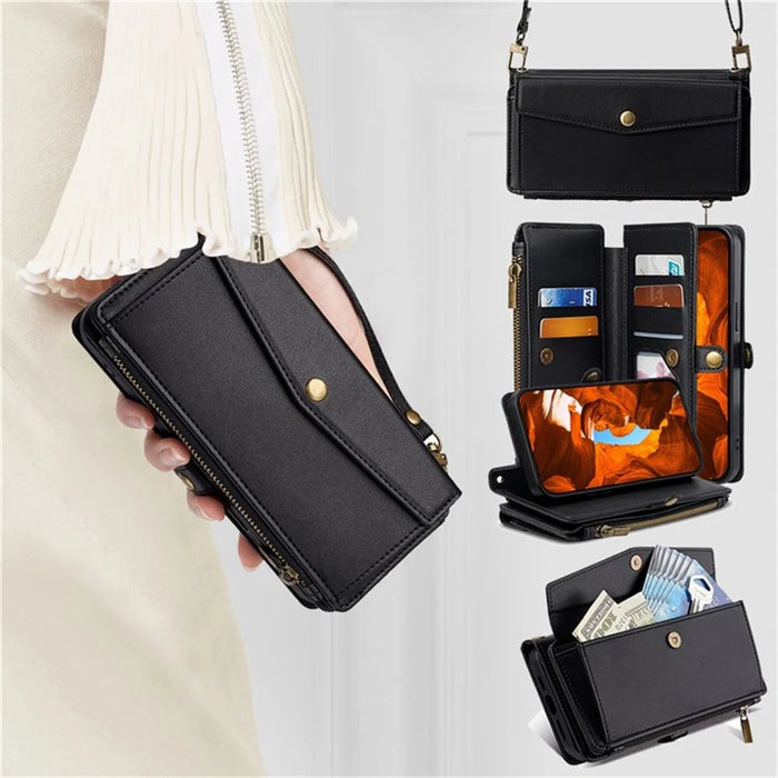 For Samsung Galaxy S26 Leather Case Zipper Pocket Wallet Phone Cover with 2 Straps - Black - 7