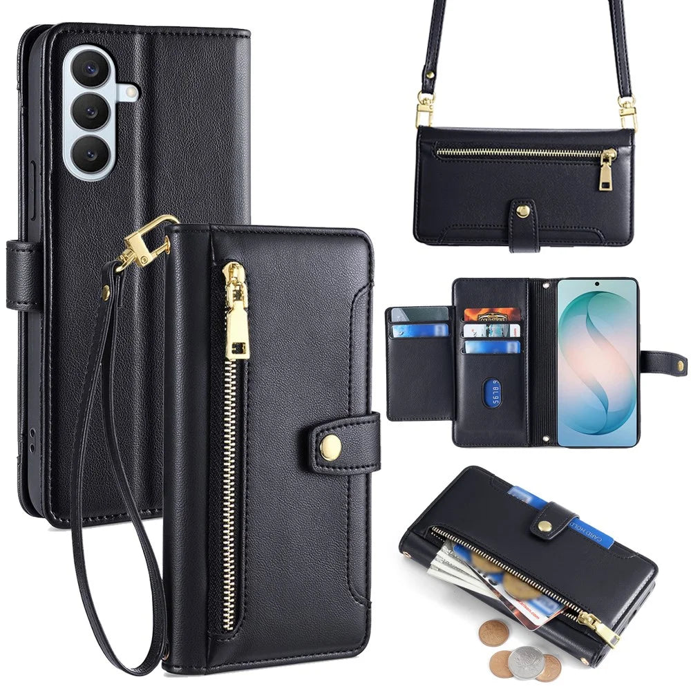 For Samsung Galaxy S26+ Leather Case Zipper Pocket Wallet Phone Cover with 2 Straps - Black - 1