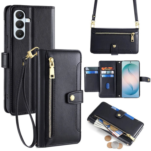 For Samsung Galaxy S26+ Leather Case Zipper Pocket Wallet Phone Cover with 2 Straps - Black - 1