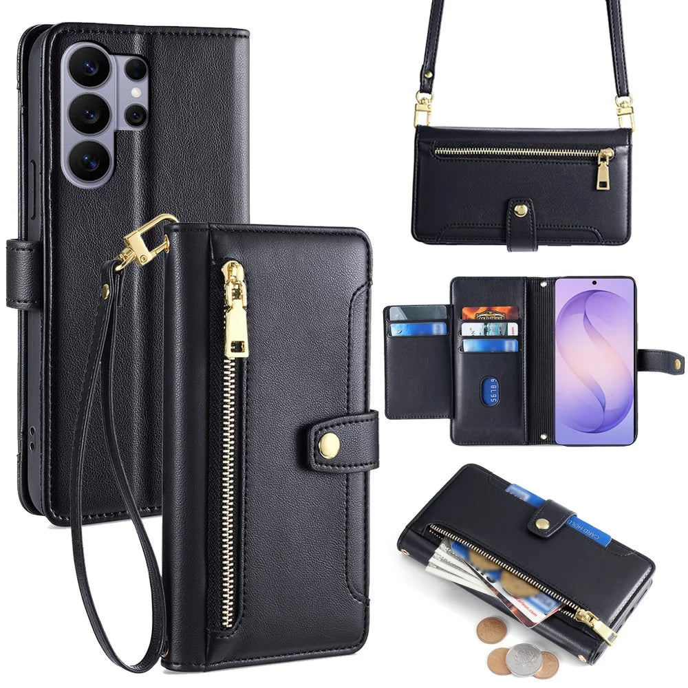 For Samsung Galaxy S26 Ultra Leather Case Zipper Pocket Wallet Phone Cover with 2 Straps - Black - 1