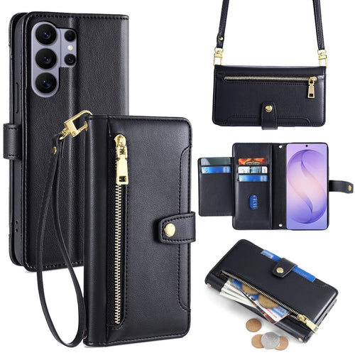 For Samsung Galaxy S26 Ultra Leather Case Zipper Pocket Wallet Phone Cover with 2 Straps - Black - 1