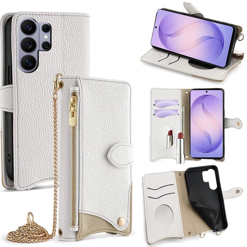 For Samsung Galaxy S26 Ultra Leather Case Wallet Stand Cover Irregular Tail Style with Chain Strap - White - 1
