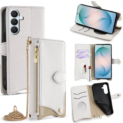 For Samsung Galaxy S26+ Leather Case Wallet Stand Cover Irregular Tail Style with Chain Strap - White - 1