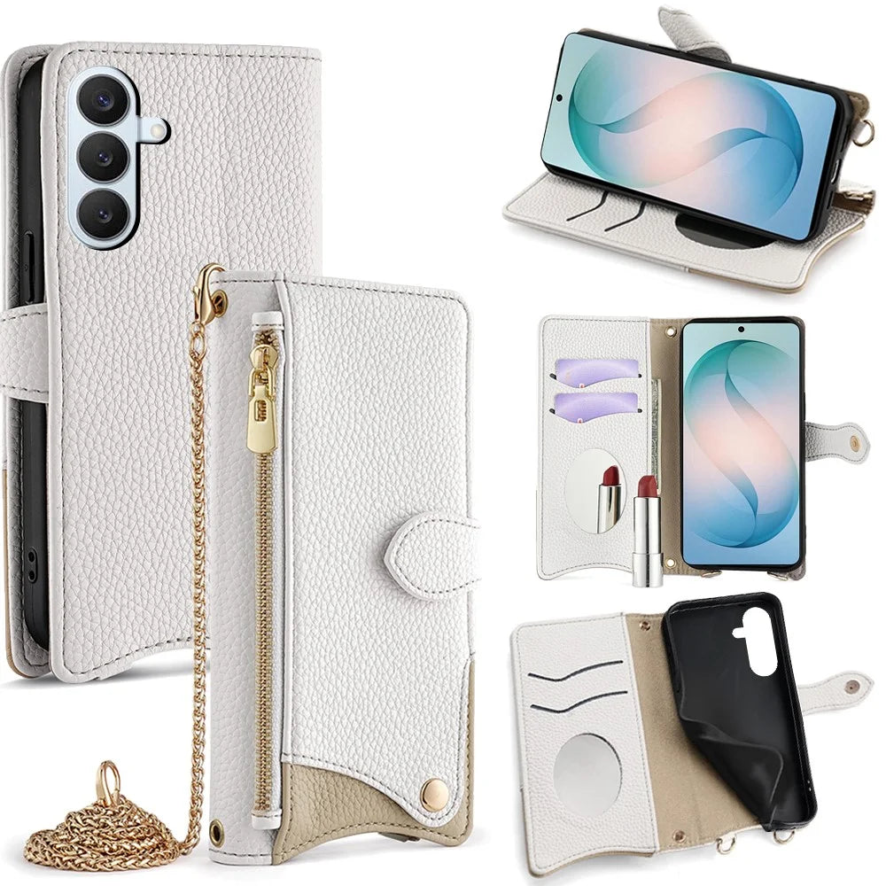 For Samsung Galaxy S26+ Leather Case Wallet Stand Cover Irregular Tail Style with Chain Strap - White - 1