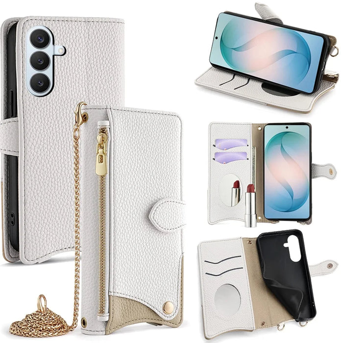 For Samsung Galaxy S26+ Leather Case Wallet Stand Cover Irregular Tail Style with Chain Strap - White - 1