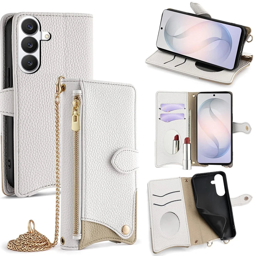 For Samsung Galaxy S26 Leather Case Wallet Stand Cover Irregular Tail Style with Chain Strap - White - 1