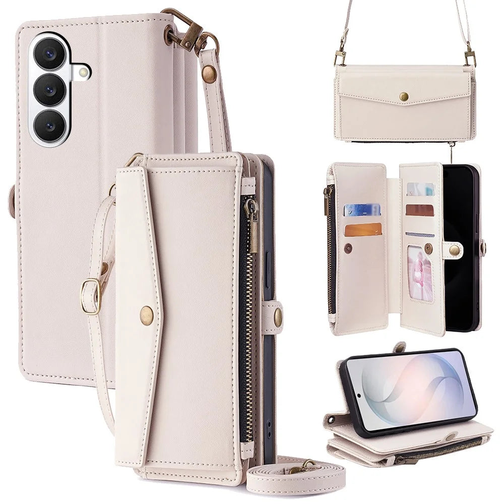 For Samsung Galaxy S26 Case Card Slots Zipper Purse PU Leather Phone Cover with Shoulder Strap - White - 1