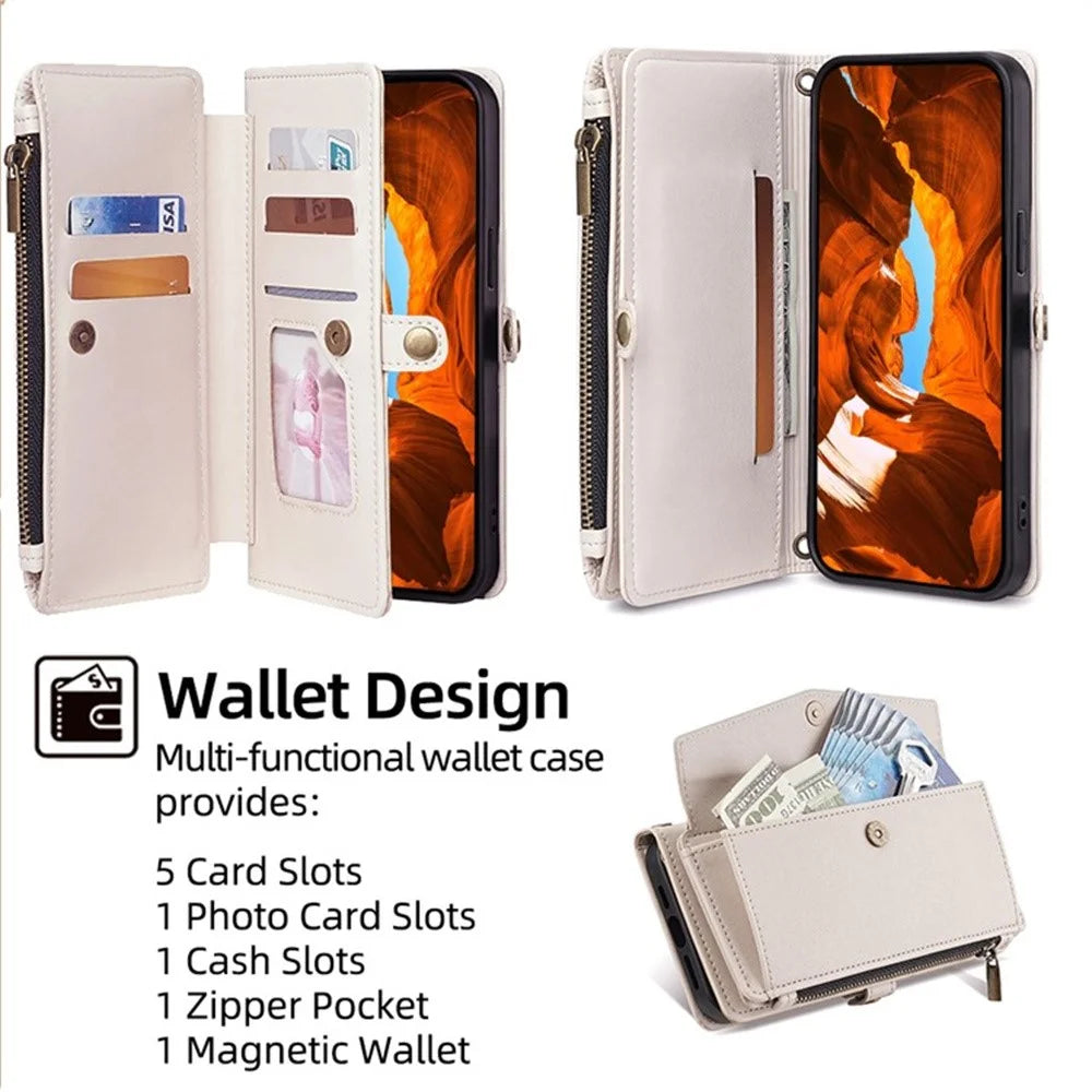 For Samsung Galaxy S26 Case Card Slots Zipper Purse PU Leather Phone Cover with Shoulder Strap - White - 2