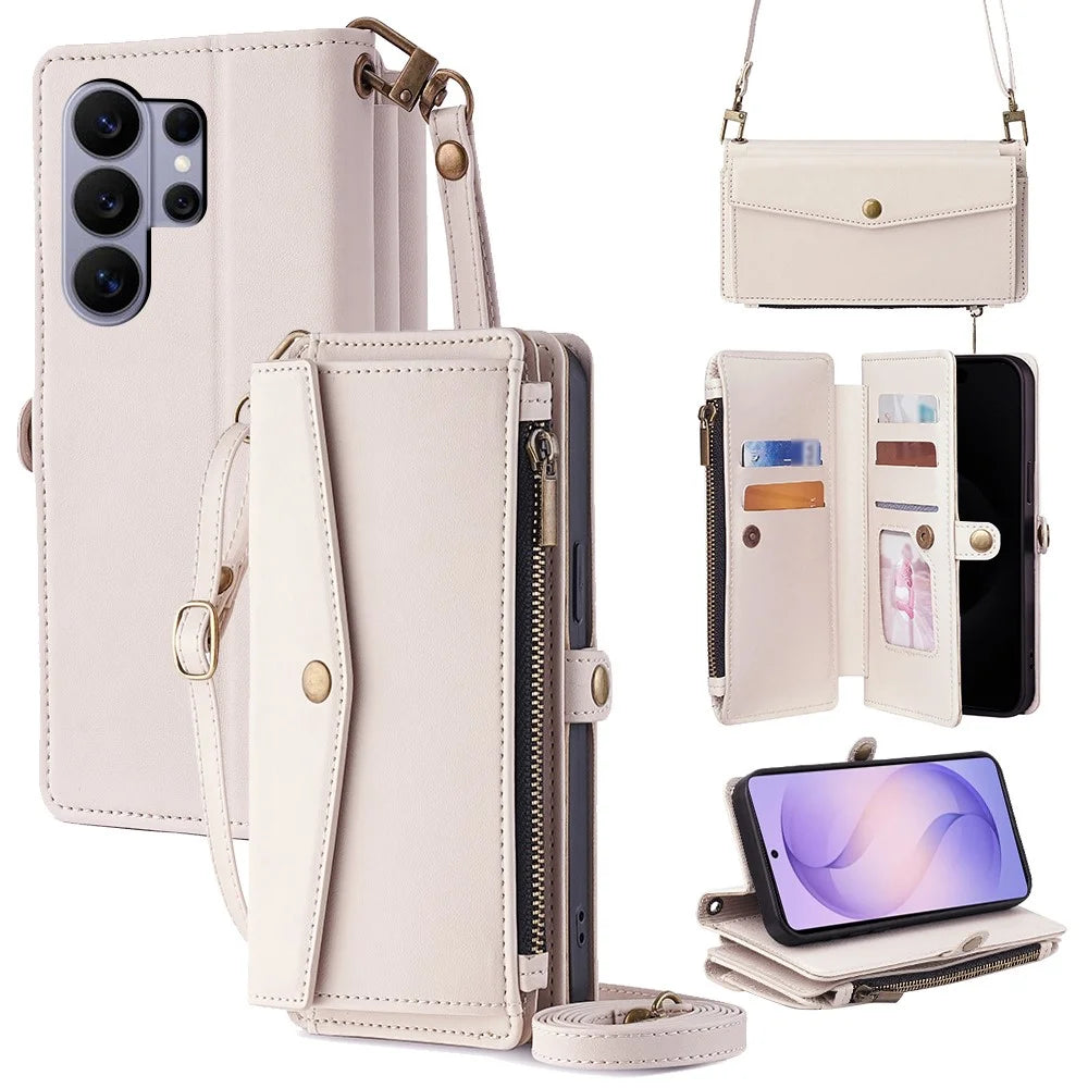 For Samsung Galaxy S26 Ultra Case Card Slots Zipper Purse PU Leather Phone Cover with Shoulder Strap - White - 1