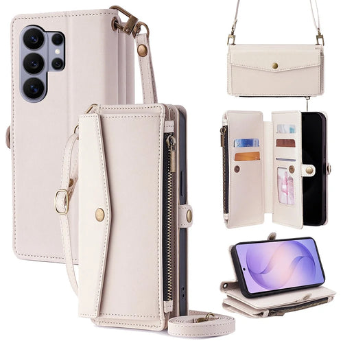 For Samsung Galaxy S26 Ultra Case Card Slots Zipper Purse PU Leather Phone Cover with Shoulder Strap - White - 1