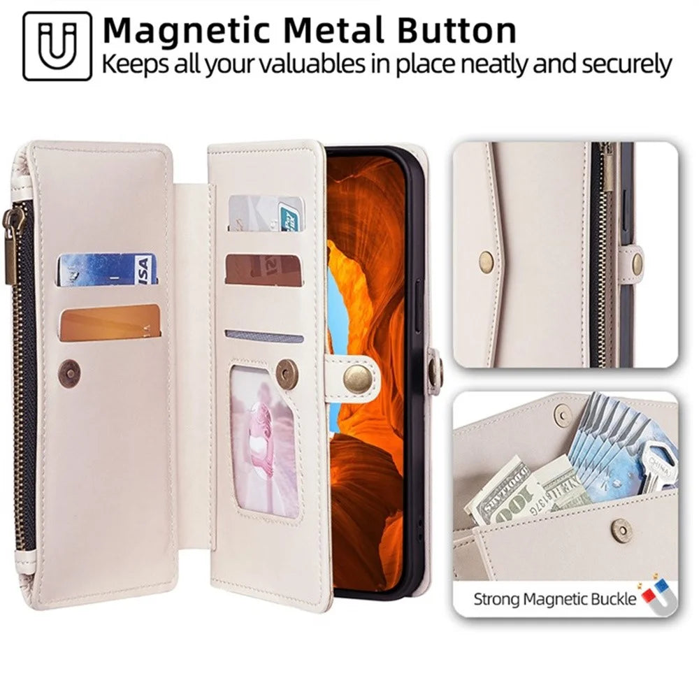 For Samsung Galaxy S26 Ultra Case Card Slots Zipper Purse PU Leather Phone Cover with Shoulder Strap - White - 3