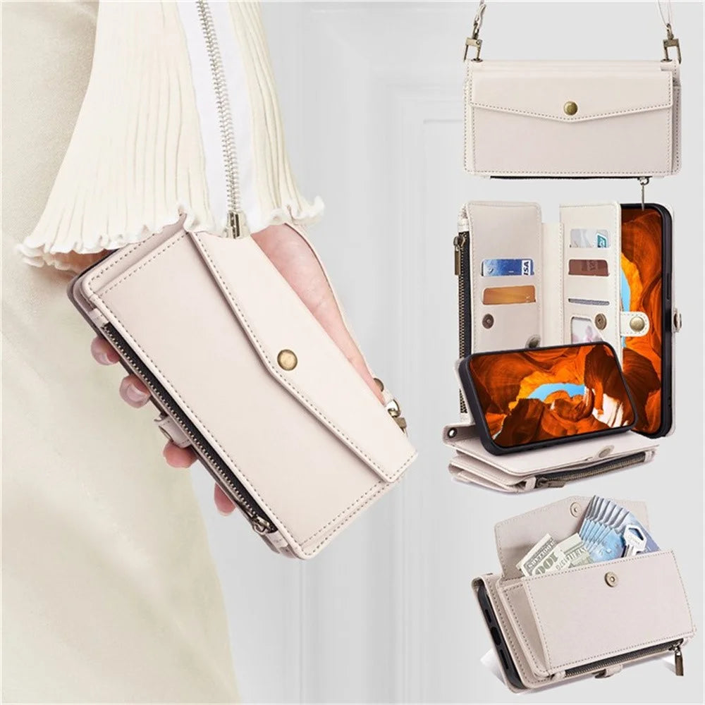For Samsung Galaxy S26 Ultra Case Card Slots Zipper Purse PU Leather Phone Cover with Shoulder Strap - White - 7