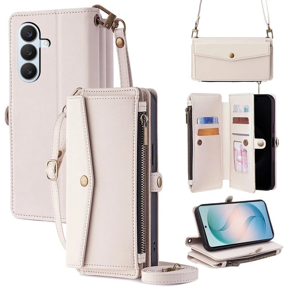 For Samsung Galaxy S26+ Case Card Slots Zipper Purse PU Leather Phone Cover with Shoulder Strap - White - 1
