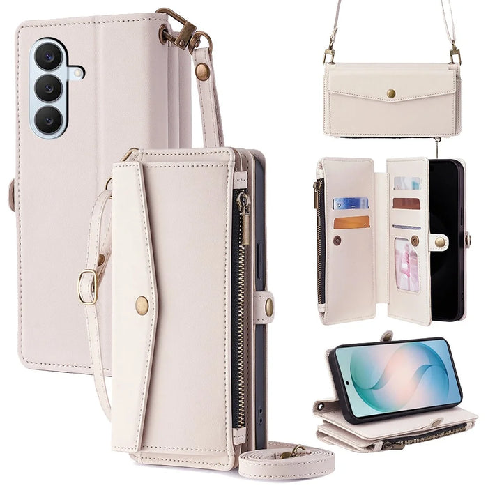 For Samsung Galaxy S26+ Case Card Slots Zipper Purse PU Leather Phone Cover with Shoulder Strap - White - 1