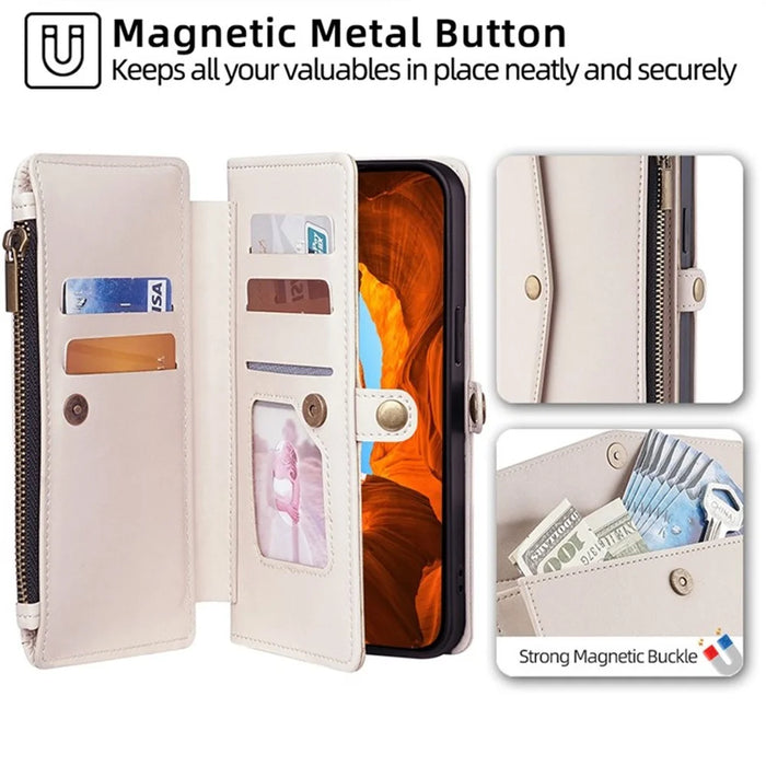 For Samsung Galaxy S26+ Case Card Slots Zipper Purse PU Leather Phone Cover with Shoulder Strap - White - 3