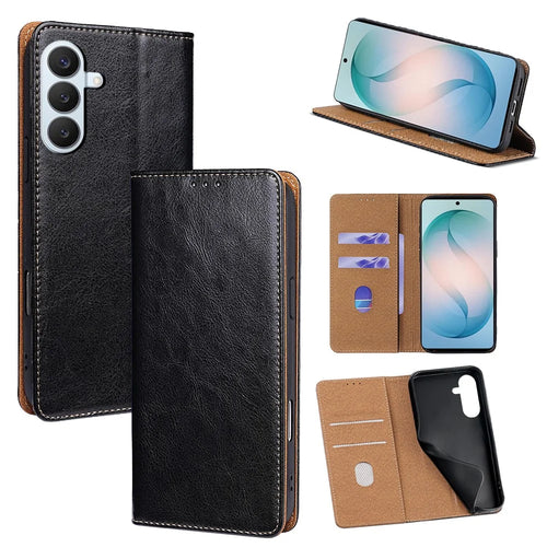 For Samsung Galaxy S26+ Case Genuine Cow Leather Stand Mobile Phone Cover with RFID Blocking Wallet - Black - 1