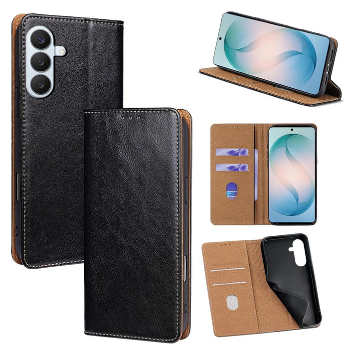 For Samsung Galaxy S26+ Case Genuine Cow Leather Stand Mobile Phone Cover with RFID Blocking Wallet - Black - 1