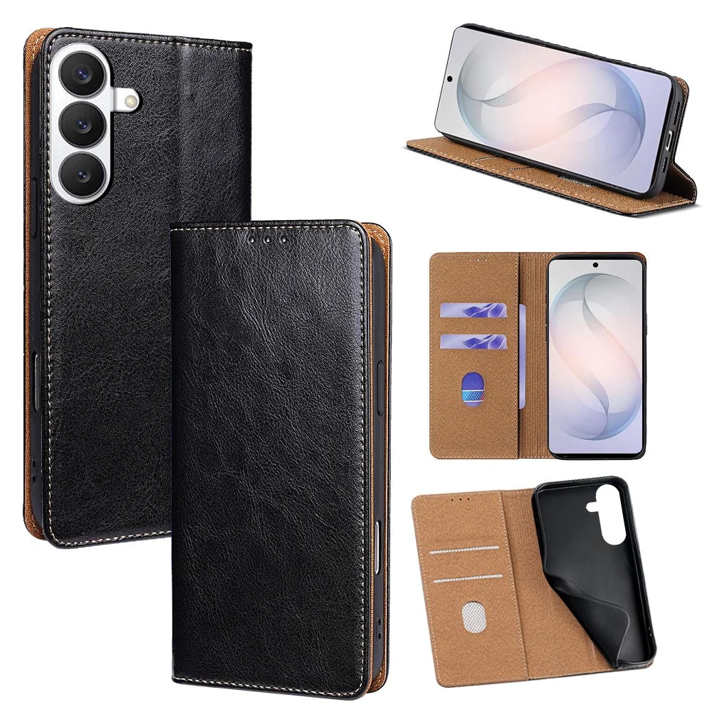 For Samsung Galaxy S26 Case Genuine Cow Leather Stand Mobile Phone Cover with RFID Blocking Wallet - Black - 1
