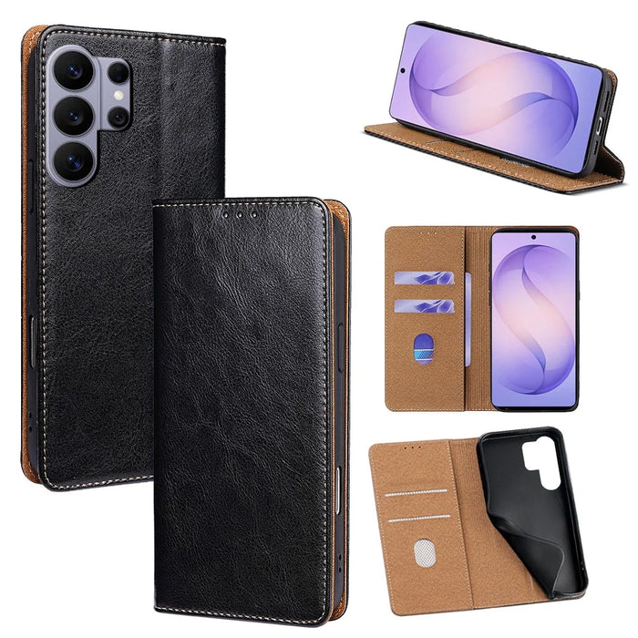 For Samsung Galaxy S26 Ultra Case Genuine Cow Leather Stand Mobile Phone Cover with RFID Blocking Wallet - Black - 1