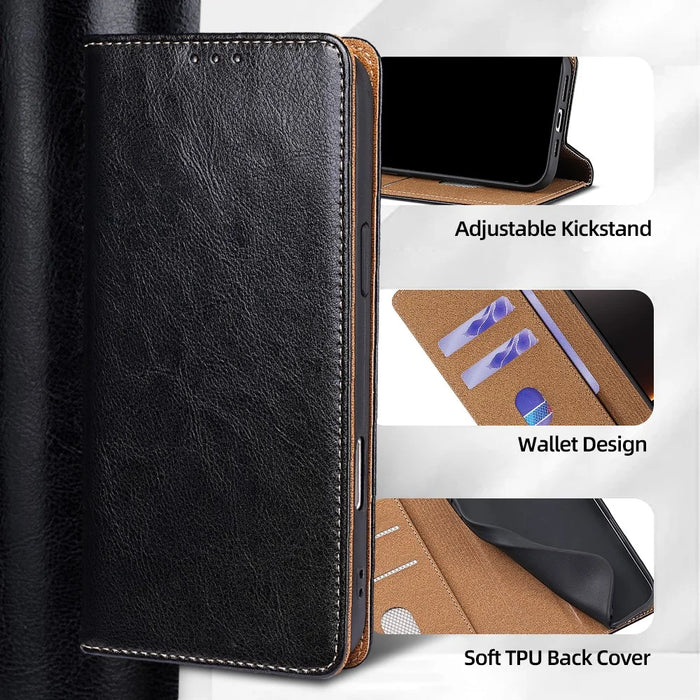 For Samsung Galaxy S26 Ultra Case Genuine Cow Leather Stand Mobile Phone Cover with RFID Blocking Wallet - Black - 7