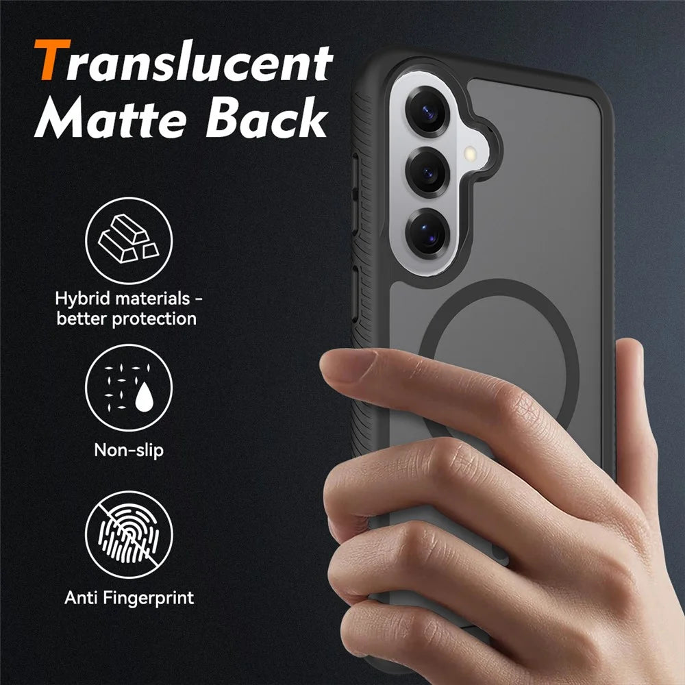 For Samsung Galaxy S25 Magnetic Phone Case 3 in 1 Translucent Skin Touch PC TPU Back Cover with PET Screen Film - Black - 4