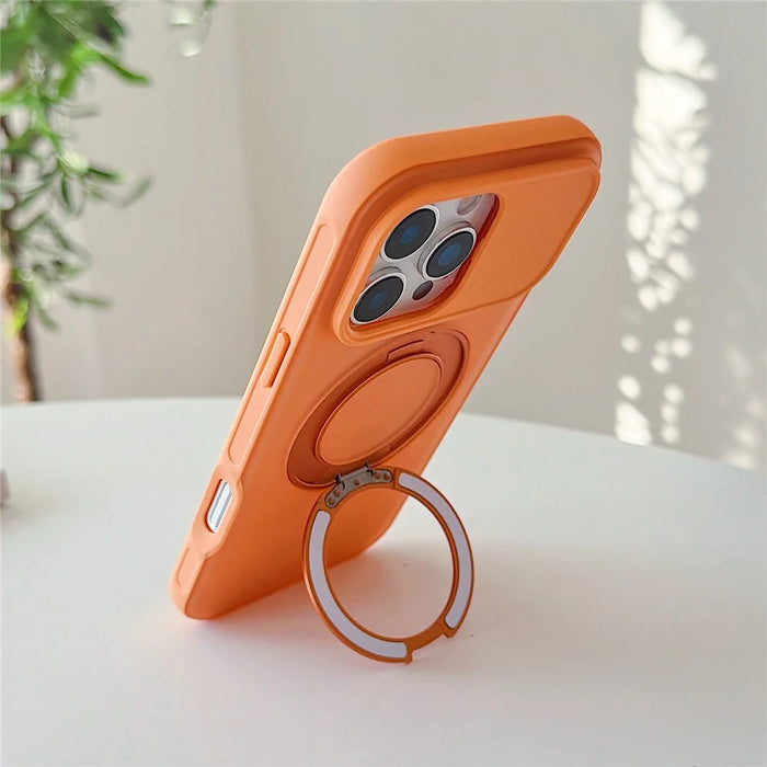 For iPhone 16 Pro Magnetic Case Rotating Ring Kickstand PC + TPU Skin-touch Phone Cover - Transparent Orange - 3