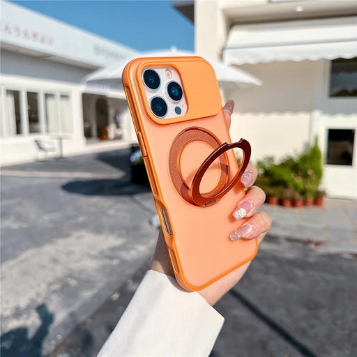 For iPhone 16 Pro Max Magnetic Case Rotating Ring Kickstand PC + TPU Skin-touch Phone Cover - Transparent Orange - 1