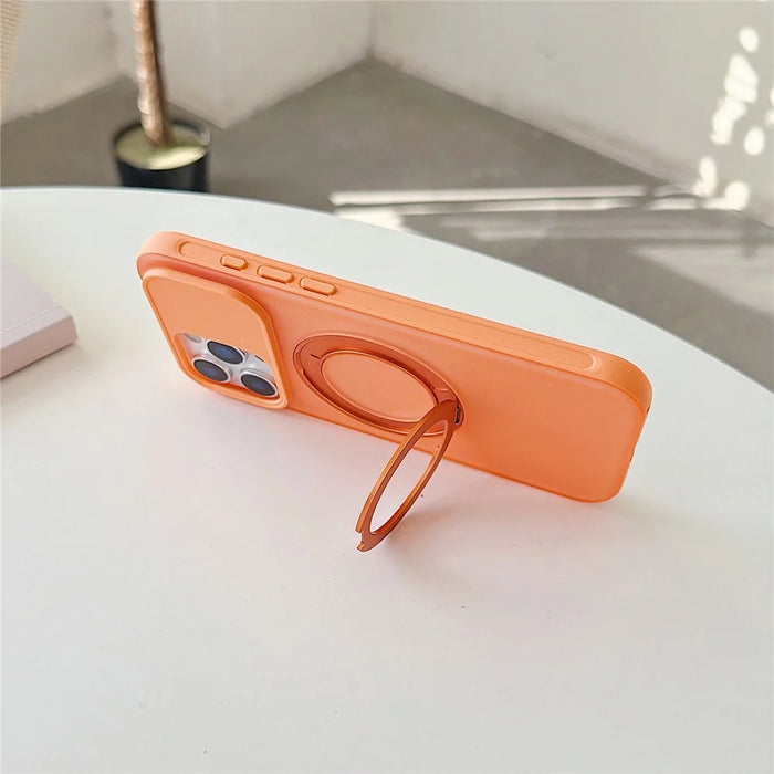 For iPhone 16 Pro Max Magnetic Case Rotating Ring Kickstand PC + TPU Skin-touch Phone Cover - Transparent Orange - 4