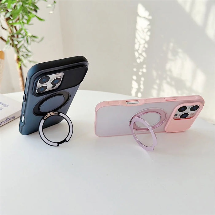For iPhone 16 Pro Max Magnetic Case Rotating Ring Kickstand PC + TPU Skin-touch Phone Cover - Transparent Orange - 6