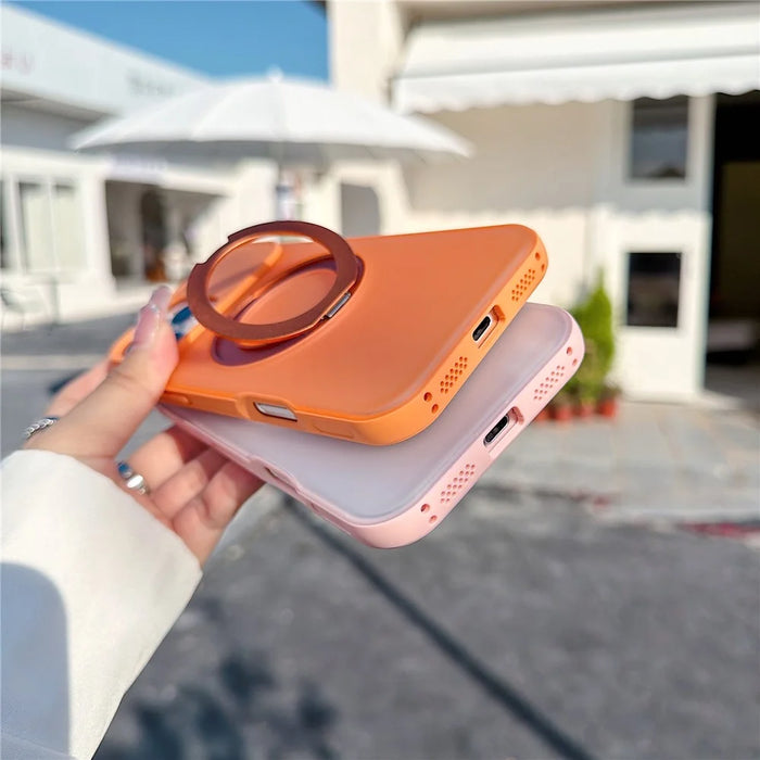 For iPhone 16 Pro Max Magnetic Case Rotating Ring Kickstand PC + TPU Skin-touch Phone Cover - Transparent Orange - 7