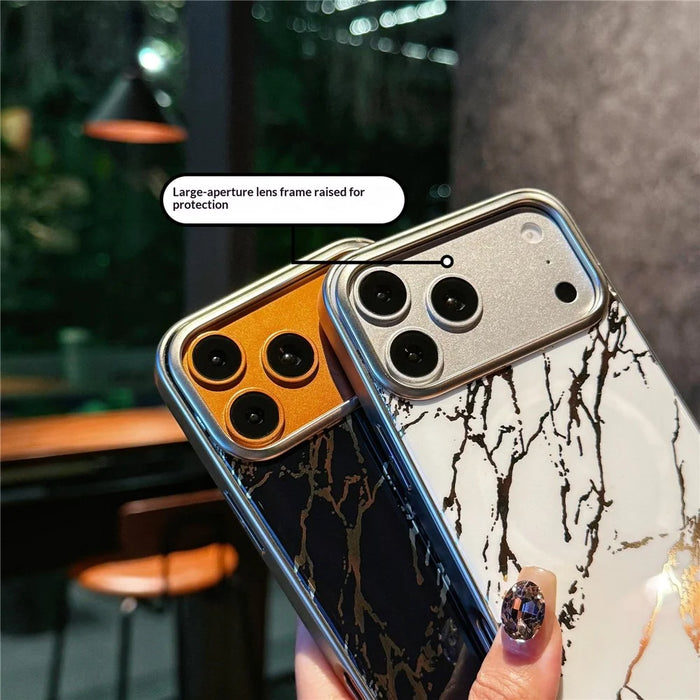 For iPhone 17 Pro Magnetic Case Marble Pattern Shockproof TPU + PC Phone Cover Compatible with Magsafe - Black - 6