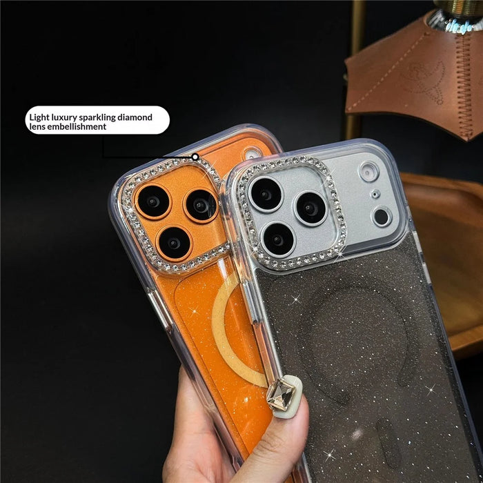For iPhone 17 Pro Starlight Glitter Magnetic Case TPU + PC Shockproof Cover Compatible with Magsafe - Transparent Gold - 6