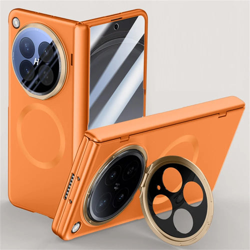 For Oppo Find N6 5G Magnetic Case with HD Clear Tempered Glass Film, Lens Cover Kickstand PC Phone Shell - Orange - 1