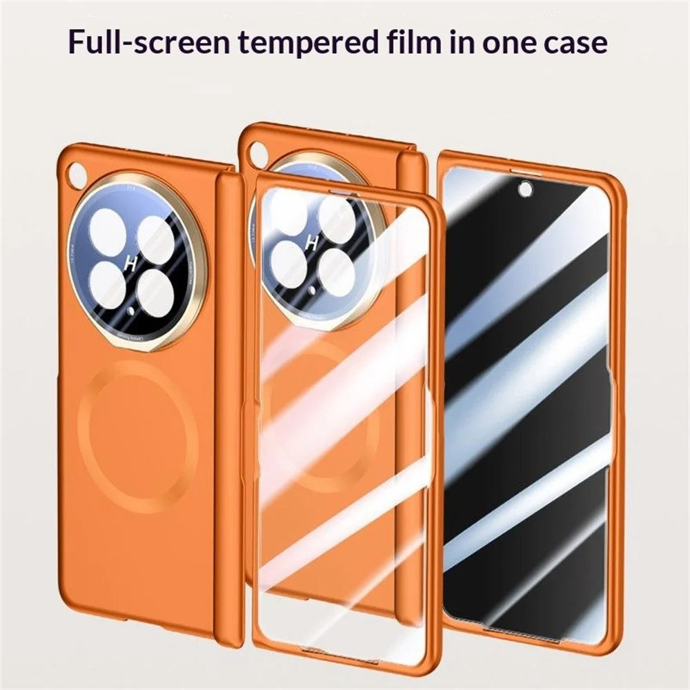 For Oppo Find N6 5G Magnetic Case with HD Clear Tempered Glass Film, Lens Cover Kickstand PC Phone Shell - Orange - 2