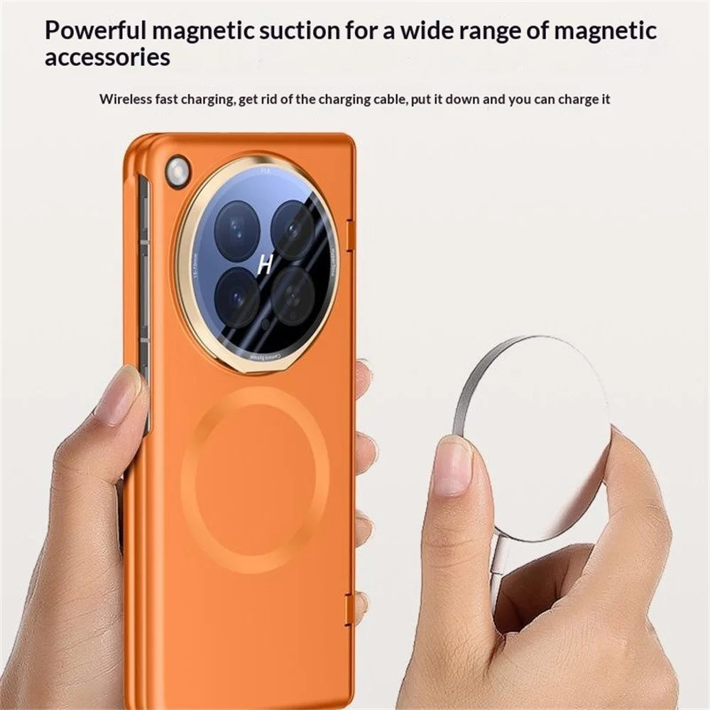 For Oppo Find N6 5G Magnetic Case with HD Clear Tempered Glass Film, Lens Cover Kickstand PC Phone Shell - Orange - 3