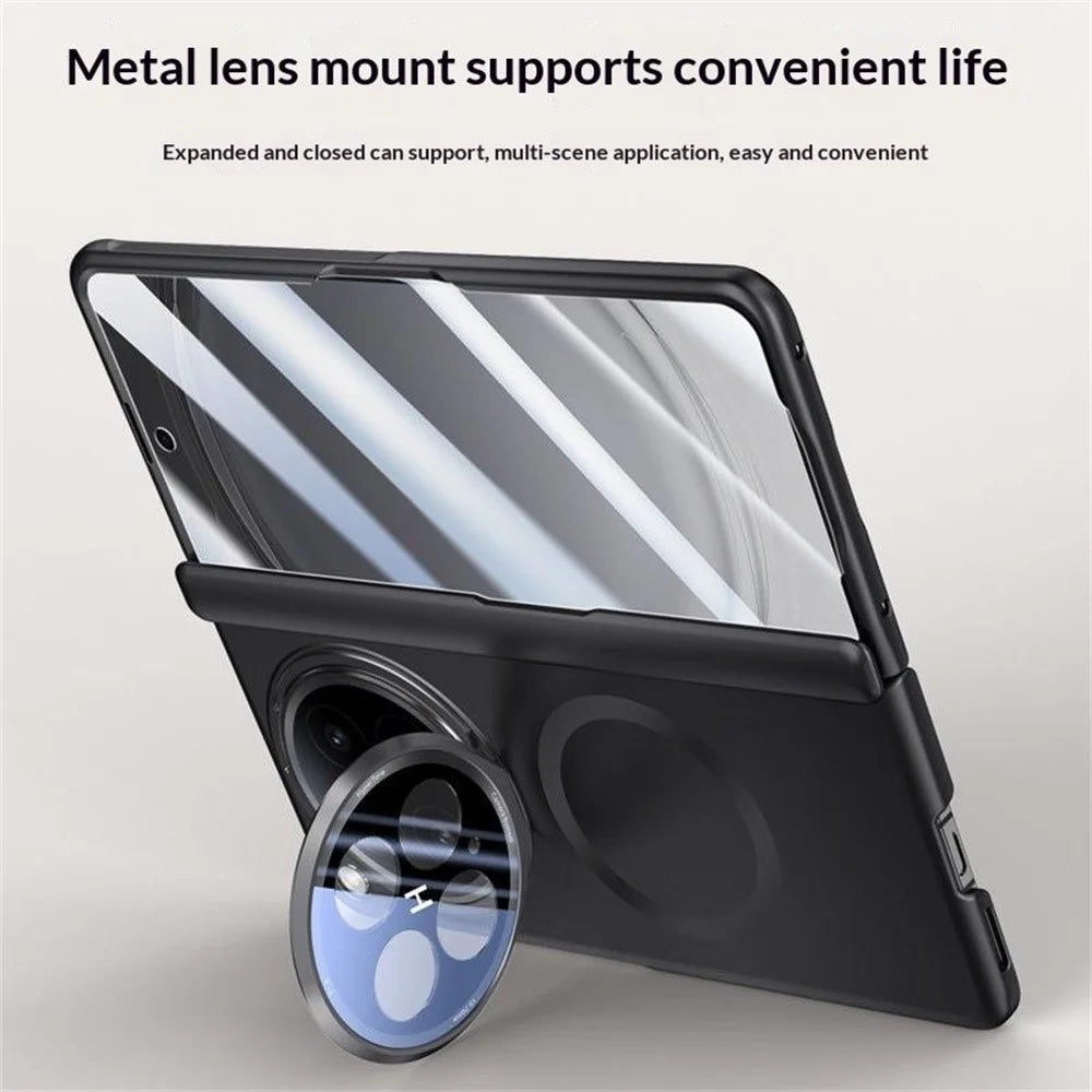 For Oppo Find N6 5G Magnetic Case with HD Clear Tempered Glass Film, Lens Cover Kickstand PC Phone Shell - Orange - 4