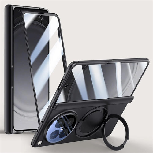 For Oppo Find N6 5G Magnetic Case with Ultra Clear Tempered Glass Film / Lens Protector, Hinge Rotary Kickstand PC Phone Cover - Black - 1