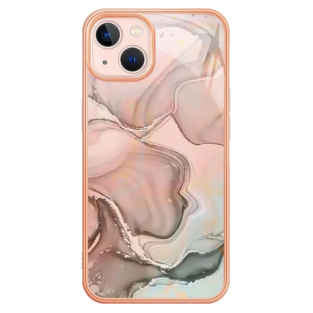 For iPhone 13 6.1 inch YB IMD Series-16 Style E 2.0mm TPU Drop Tested Phone Case Electroplating Frame Marble Pattern IMD Back Cover - Pink - 1