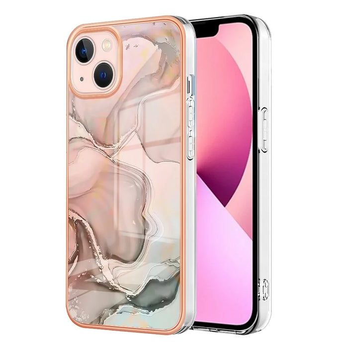 For iPhone 13 6.1 inch YB IMD Series-16 Style E 2.0mm TPU Drop Tested Phone Case Electroplating Frame Marble Pattern IMD Back Cover - Pink - 2