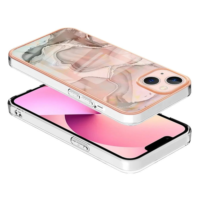 For iPhone 13 6.1 inch YB IMD Series-16 Style E 2.0mm TPU Drop Tested Phone Case Electroplating Frame Marble Pattern IMD Back Cover - Pink - 3