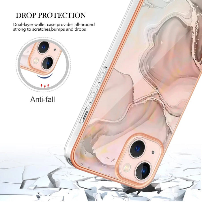 For iPhone 13 6.1 inch YB IMD Series-16 Style E 2.0mm TPU Drop Tested Phone Case Electroplating Frame Marble Pattern IMD Back Cover - Pink - 5