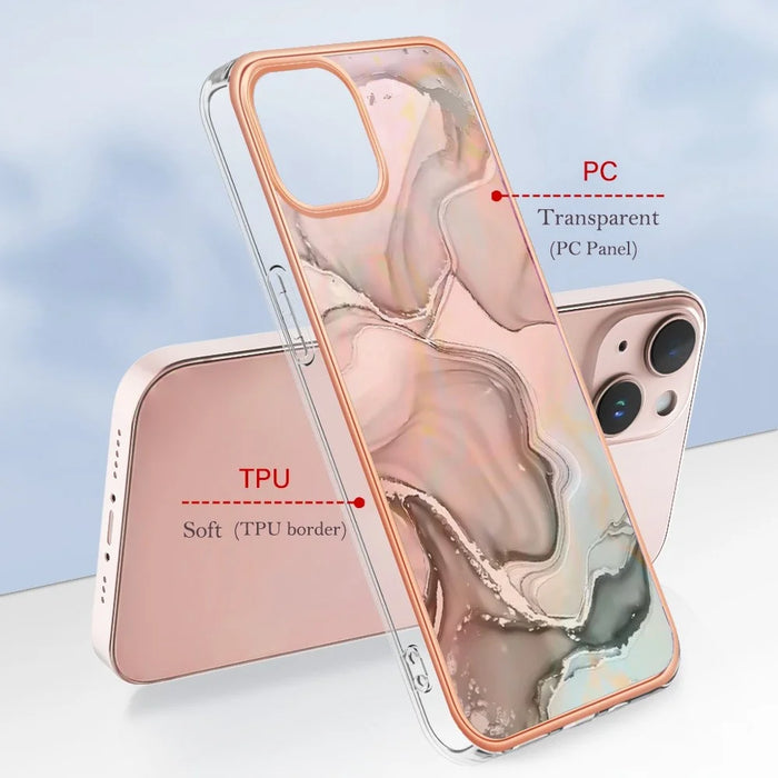 For iPhone 13 6.1 inch YB IMD Series-16 Style E 2.0mm TPU Drop Tested Phone Case Electroplating Frame Marble Pattern IMD Back Cover - Pink - 6