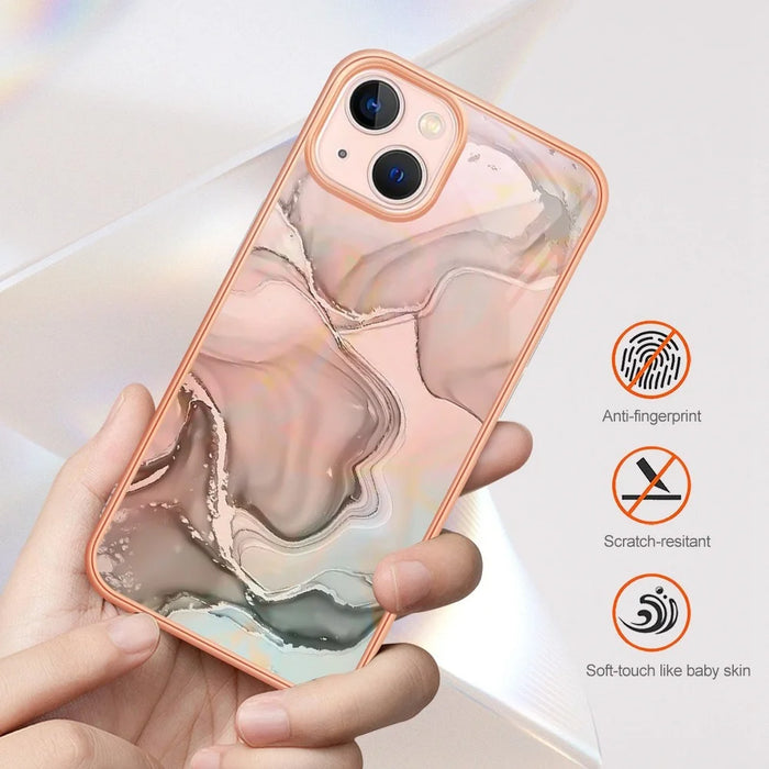 For iPhone 13 6.1 inch YB IMD Series-16 Style E 2.0mm TPU Drop Tested Phone Case Electroplating Frame Marble Pattern IMD Back Cover - Pink - 7