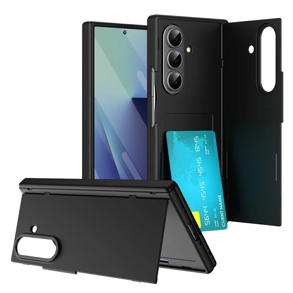 For Samsung Galaxy Z Fold7 5G Case with Tempered Glass Card Holder Stand Wallet Cover - Black - 1