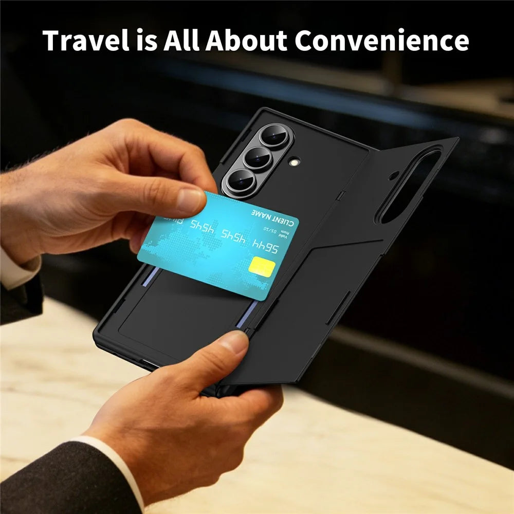 For Samsung Galaxy Z Fold7 5G Case with Tempered Glass Card Holder Stand Wallet Cover - Black - 7