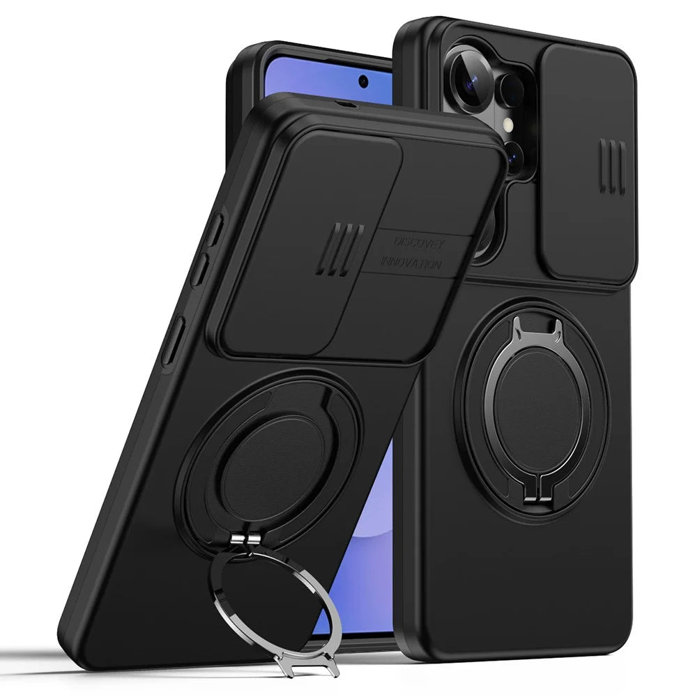 For Samsung Galaxy S26 Ultra Case Magnetic Case Ring Kickstand Slide Camera Cover TPU PC Hybrid Phone Shell - Black - 1