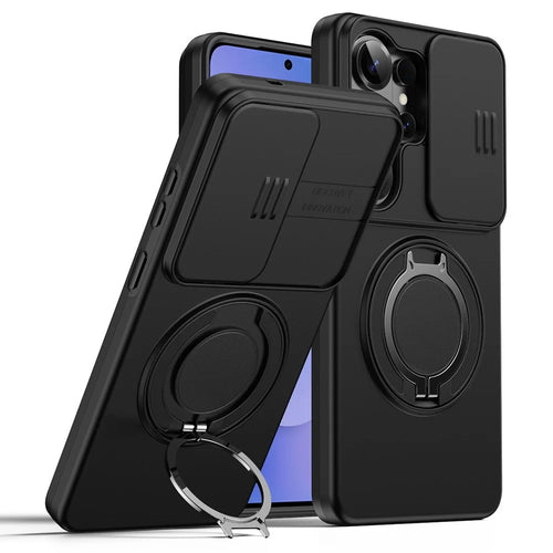 For Samsung Galaxy S26 Ultra Case Magnetic Case Ring Kickstand Slide Camera Cover TPU PC Hybrid Phone Shell - Black - 1