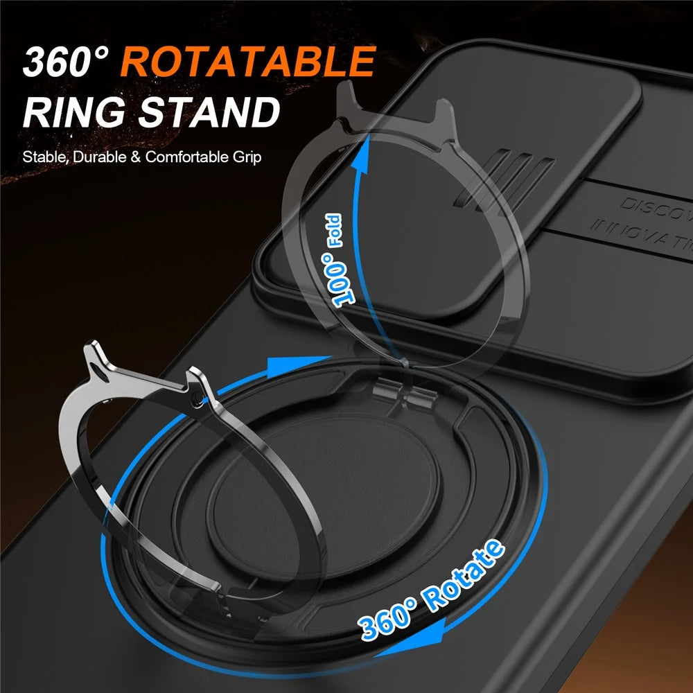 For Samsung Galaxy S26 Ultra Case Magnetic Case Ring Kickstand Slide Camera Cover TPU PC Hybrid Phone Shell - Black - 2