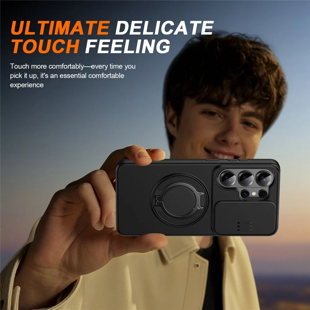 For Samsung Galaxy S26 Ultra Case Magnetic Case Ring Kickstand Slide Camera Cover TPU PC Hybrid Phone Shell - Black - 6