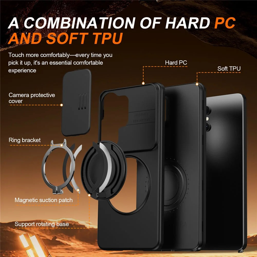 For Samsung Galaxy S26 Ultra Case Magnetic Case Ring Kickstand Slide Camera Cover TPU PC Hybrid Phone Shell - Black - 7